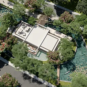 Vista aérea casa club y lago